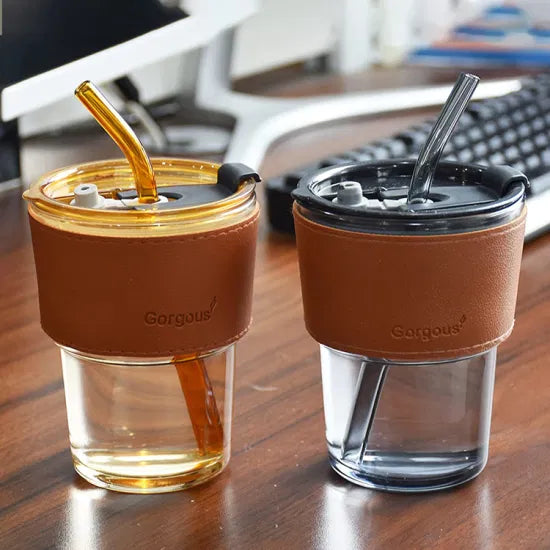 400ml Coffee Cup with Straw & Leather Cover