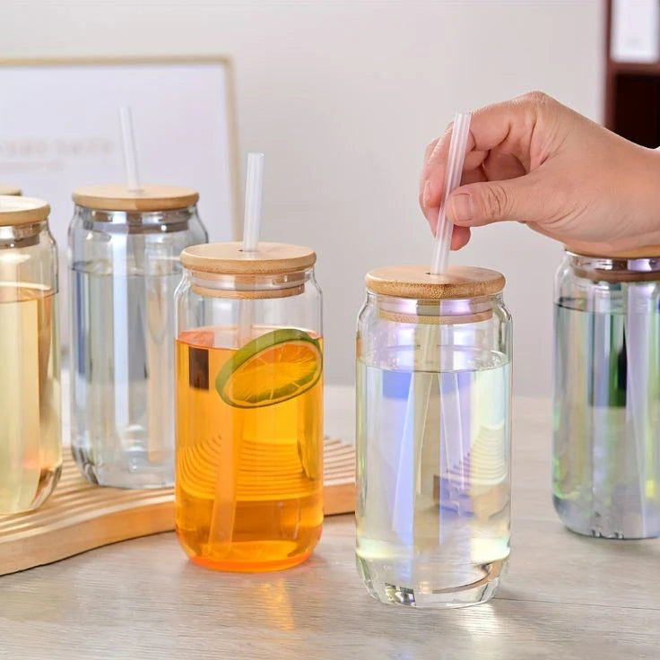 Premium 400ml Glass Tumbler with Bamboo Lid & Glass Straw