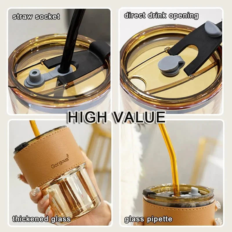400ml Coffee Cup with Straw & Leather Cover