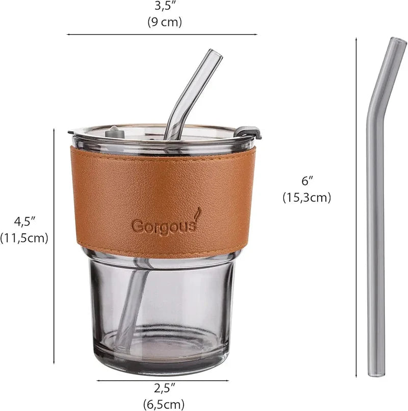 400ml Coffee Cup with Straw & Leather Cover