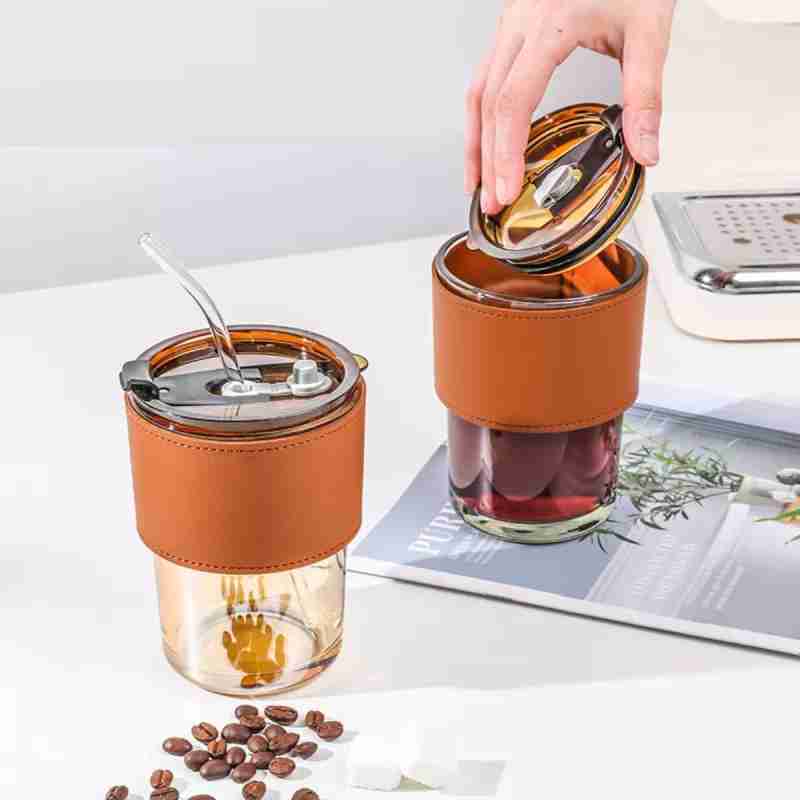 400ml Coffee Cup with Straw & Leather Cover