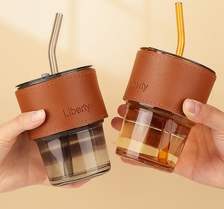 400ml Coffee Cup with Straw & Leather Cover