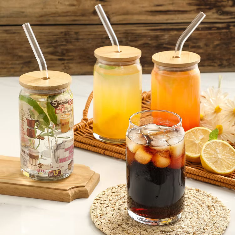 Premium 400ml Glass Tumbler with Bamboo Lid & Glass Straw