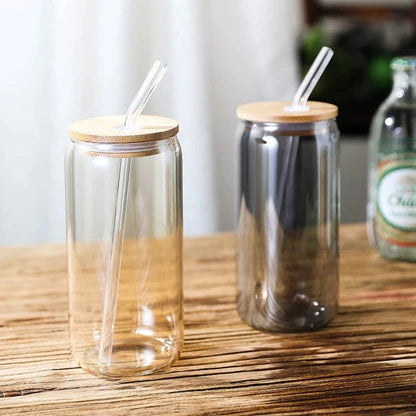 Premium 400ml Glass Tumbler with Bamboo Lid & Glass Straw