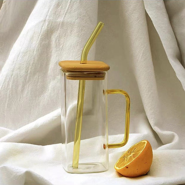 Premium 400ml Glass Mug with Bamboo Lid & Glass Straw