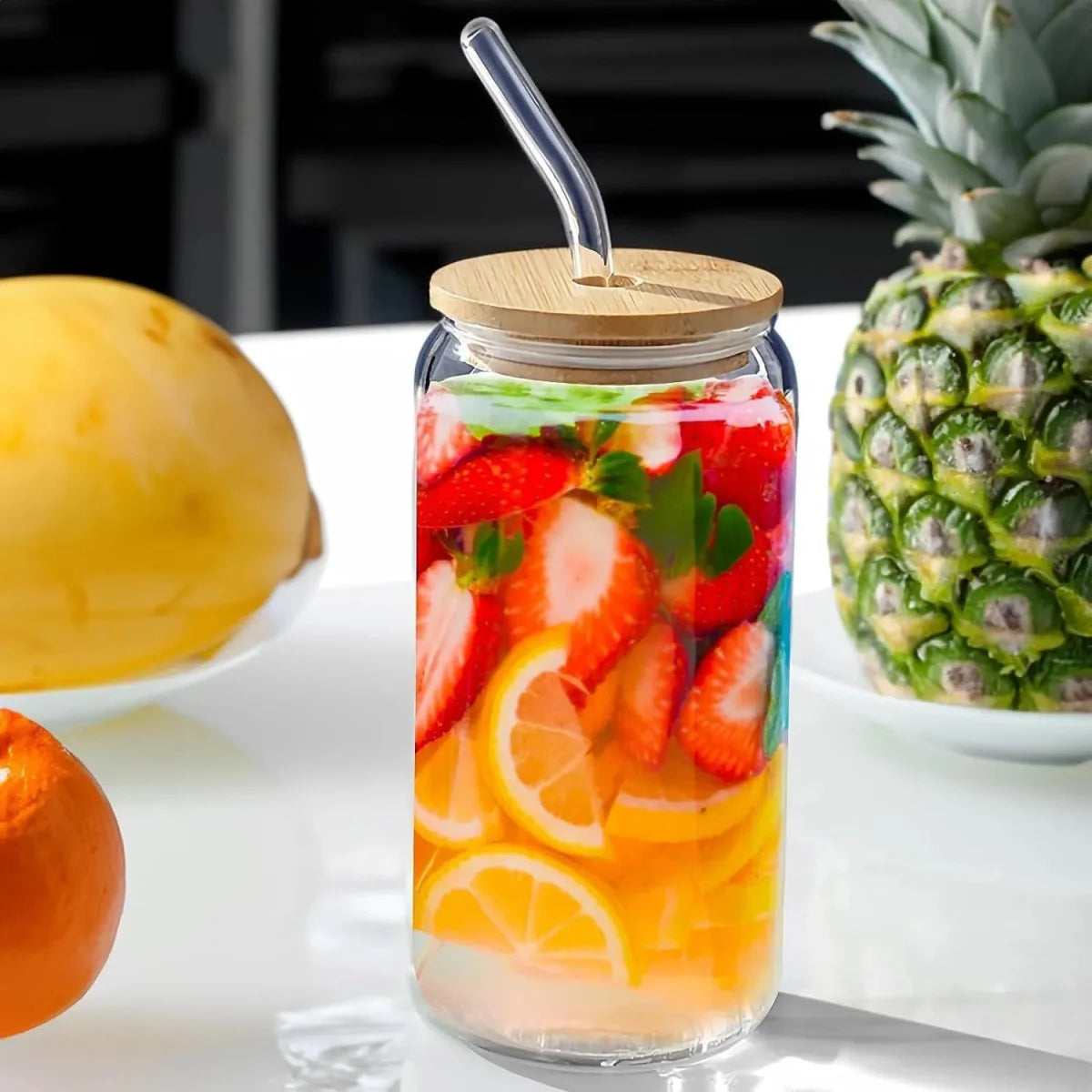 Premium 400ml Glass Tumbler with Bamboo Lid & Glass Straw