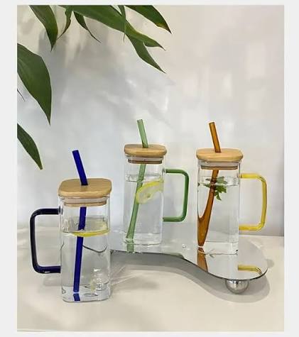 Premium 400ml Glass Mug with Bamboo Lid & Glass Straw