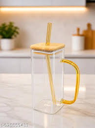 Premium 400ml Glass Mug with Bamboo Lid & Glass Straw
