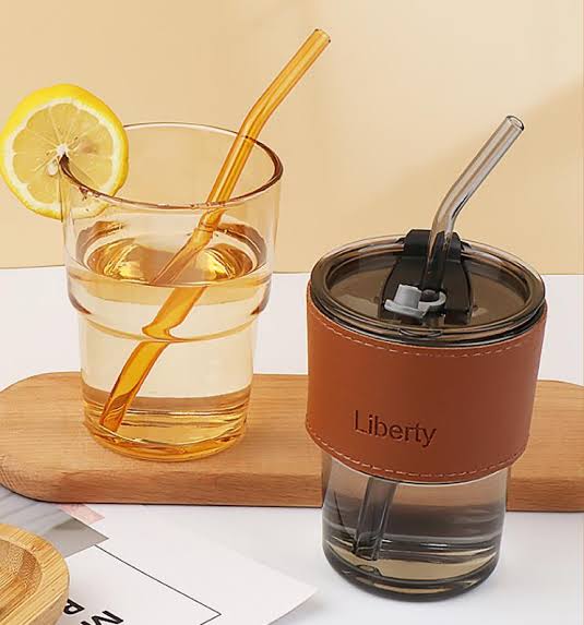 400ml Coffee Cup with Straw & Leather Cover