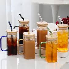 Premium 400ml Glass Mug with Bamboo Lid & Glass Straw