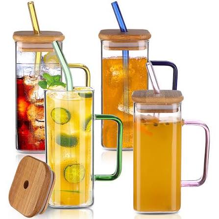 Premium 400ml Glass Mug with Bamboo Lid & Glass Straw